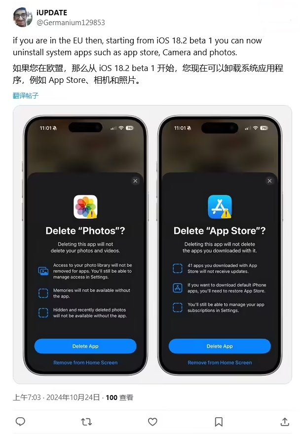 巴塘苹果手机维修分享iOS 18.2 支持删除 App Store 应用商店 