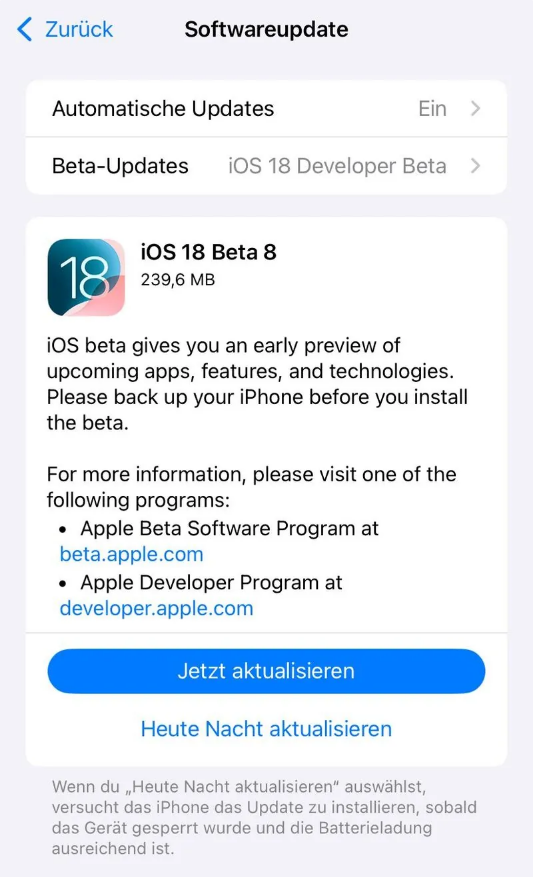 巴塘苹果手机维修分享苹果 iOS / iPadOS 18 开发者预览版 Beta 8 发布 